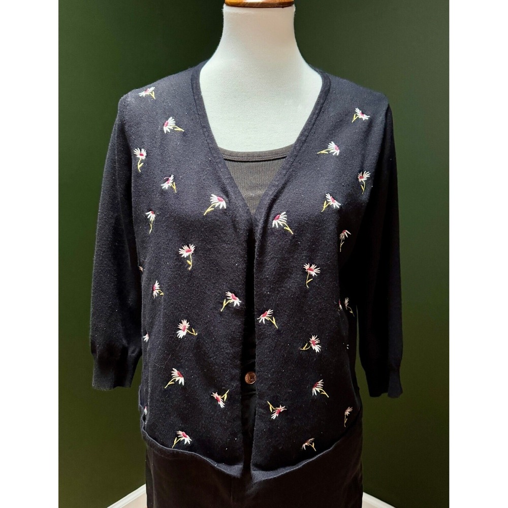 East of 7th Black Floral Embroidered Cardigan 3/4 Sleeve Women's L